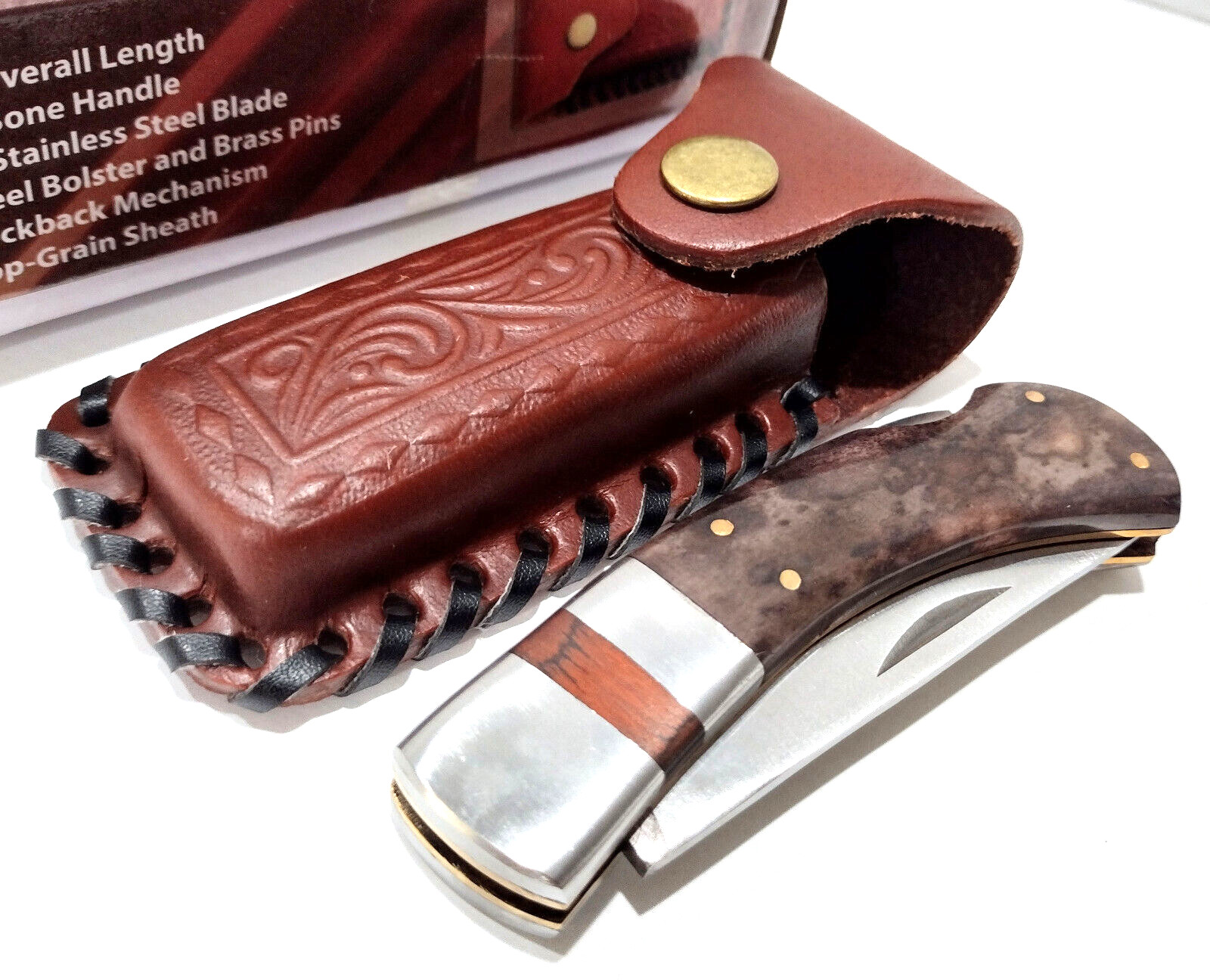 Buck Brown Bone Hunting Skinning Lockback Folding Pocket Knife + Leather Sheath