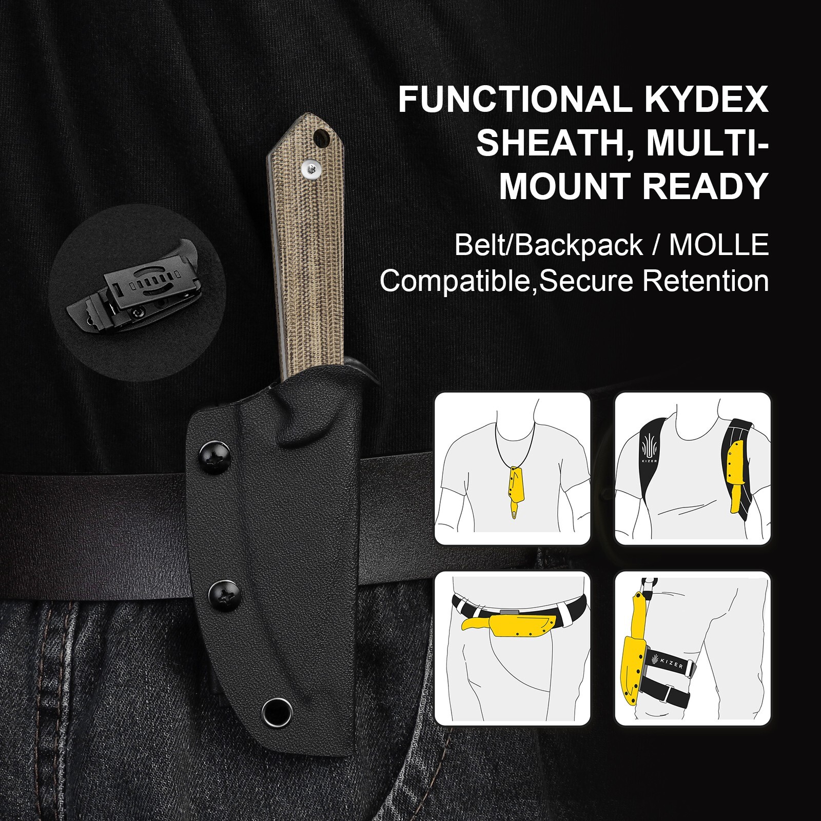 Kizer Mini Harpoon Drop Point Fixed Knife AEB-L Blade Micarta Handle With Sheath
