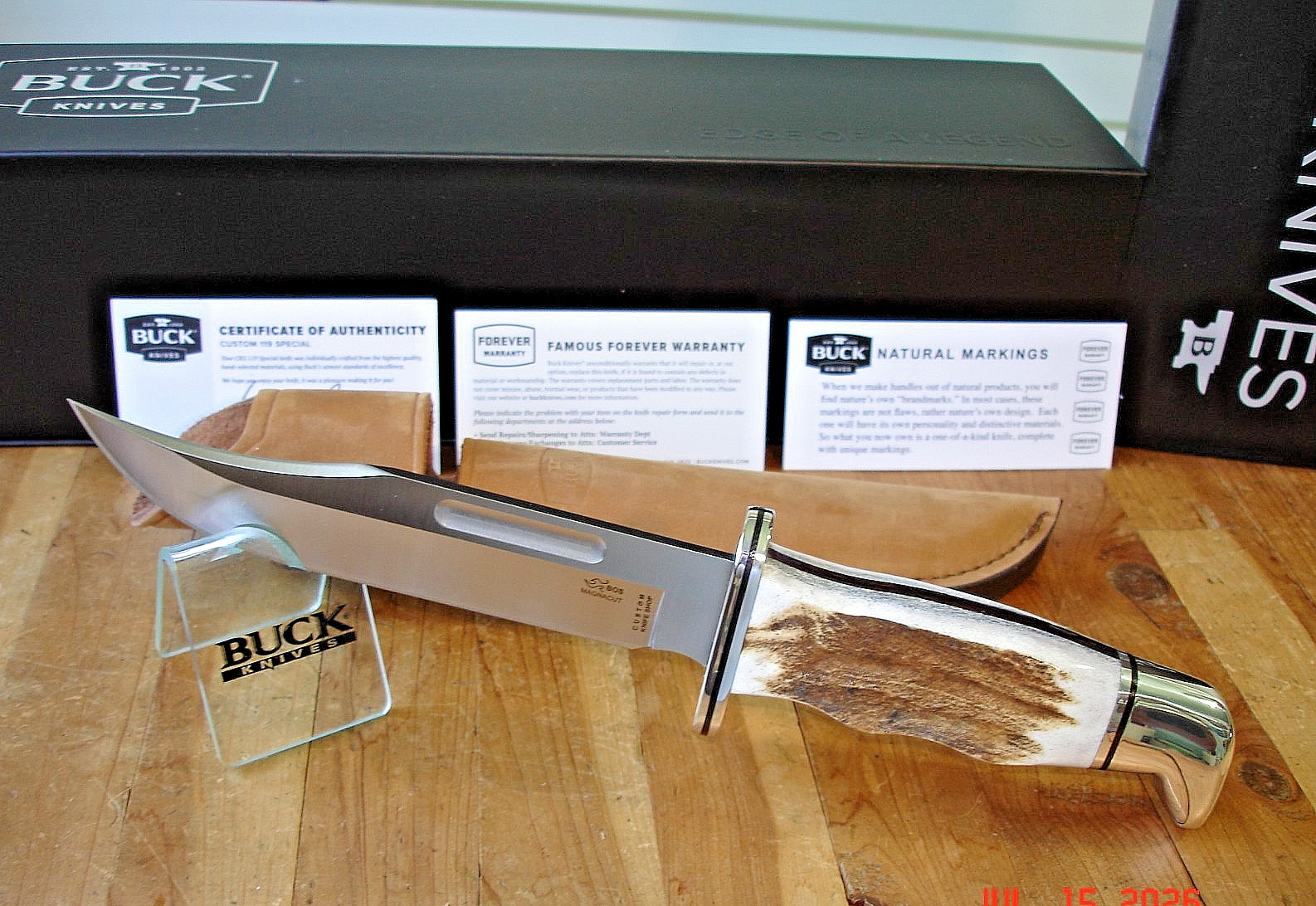 NIB BUCK KNIFE 119 CKS SPECIAL BOS MAGNACUT BLADE ELK ANTLER HANDLE BROWN SHEATH