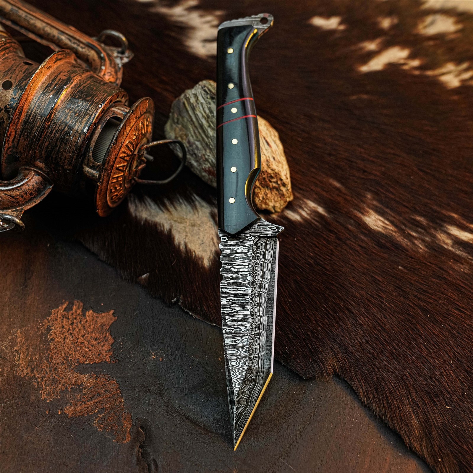 9.0″ Damascus Hunting Knife Full Tang Wood Handle Fix Blade + Sheath