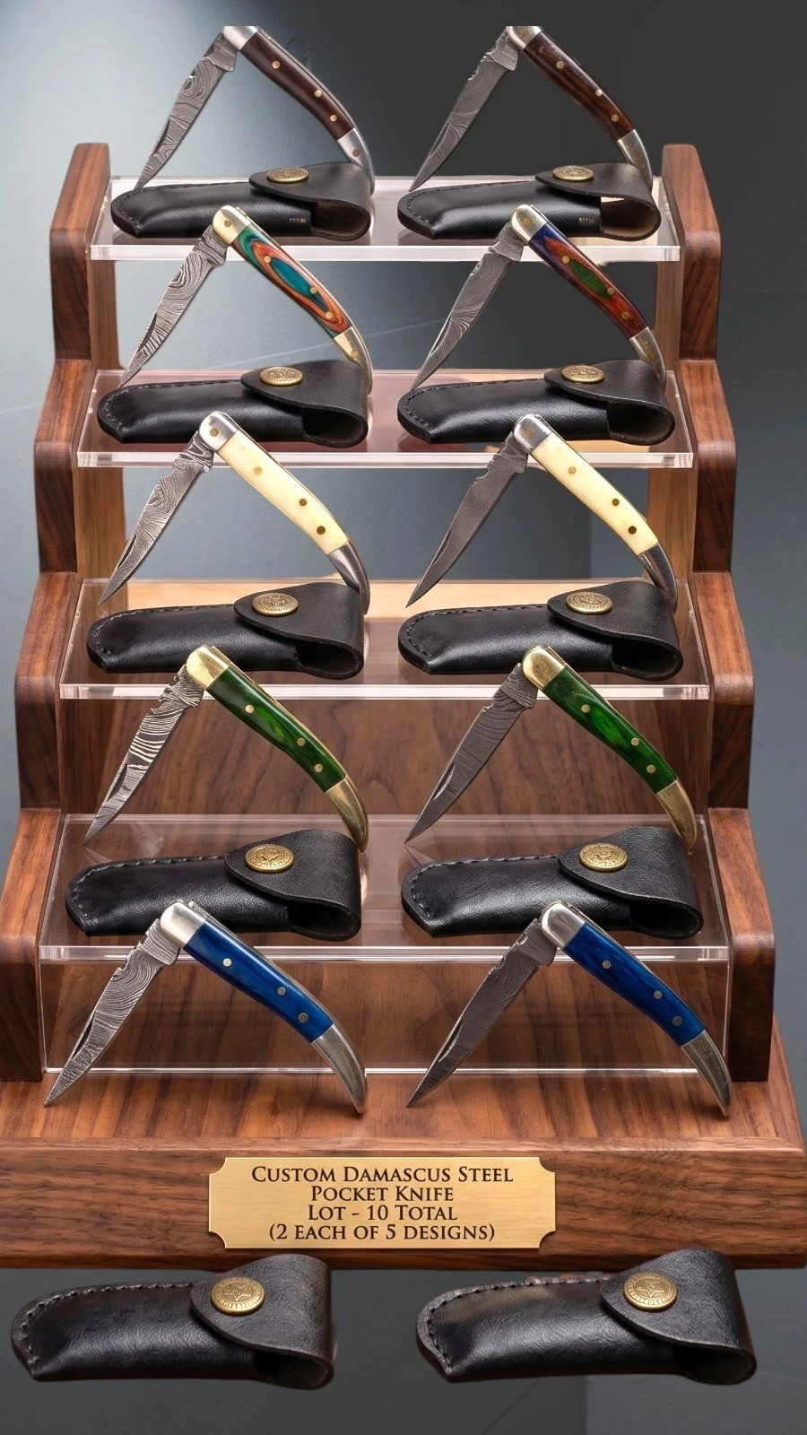 10x Damascus Folding Knife Lot Custom Pocket Knives Bone Wood Handle with Sheath