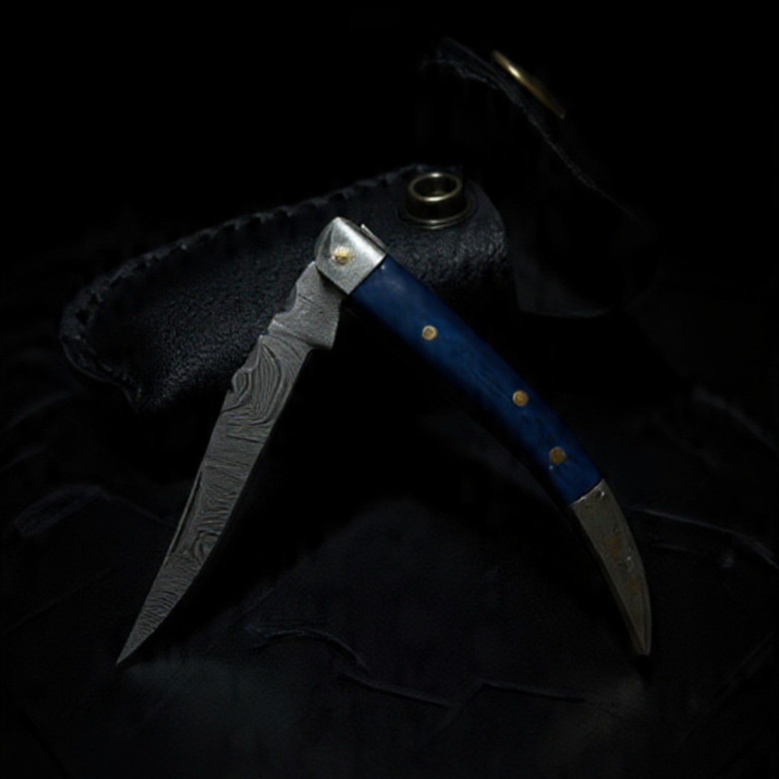 Damascus Steel Folding Knife Blue Bone EDC Pocket Folder with Leather Sheath