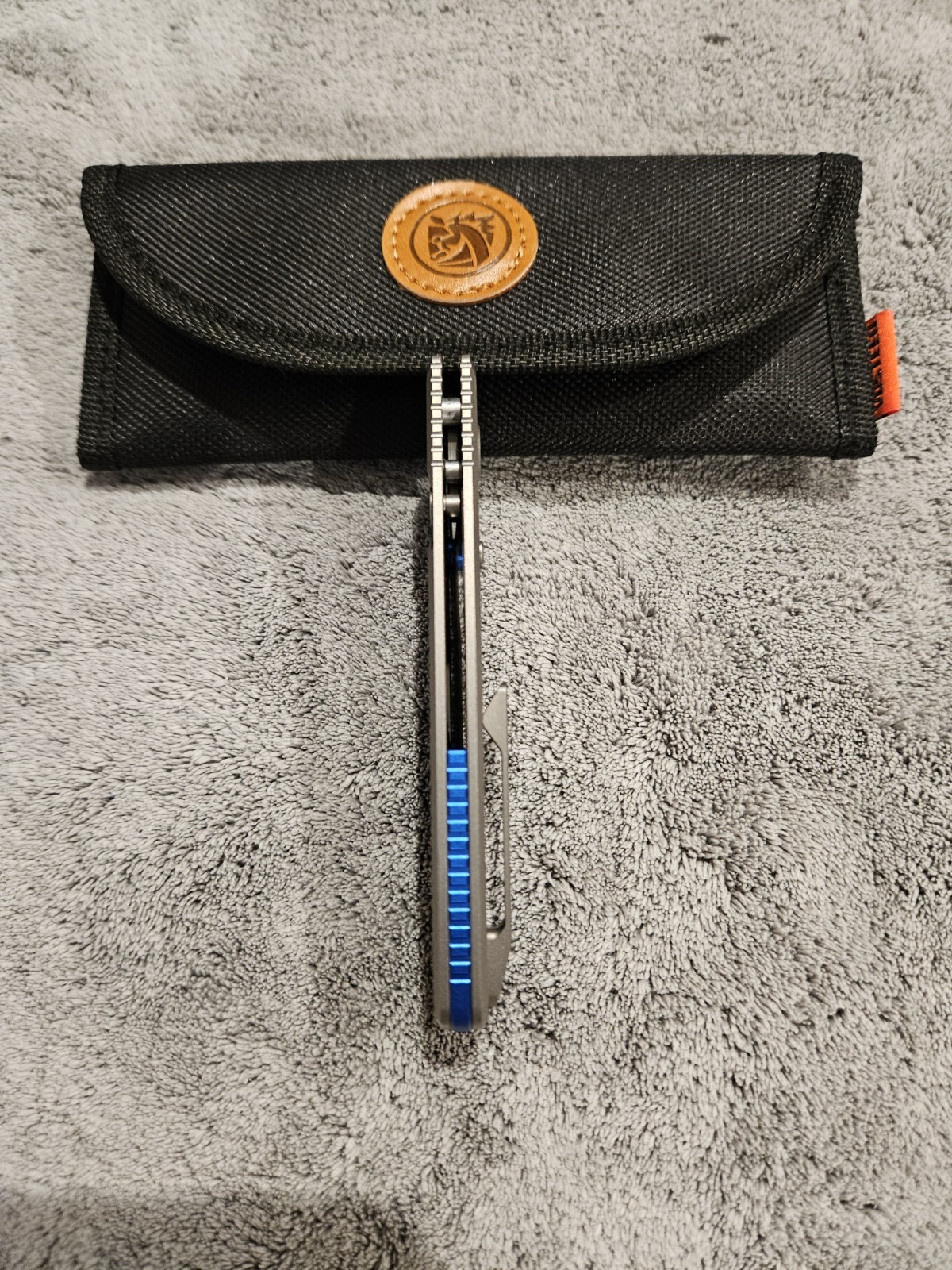 Custom Vosteed Porcupine Tislim 154CM Satin Blade Gray Ti Scales Blue Accents