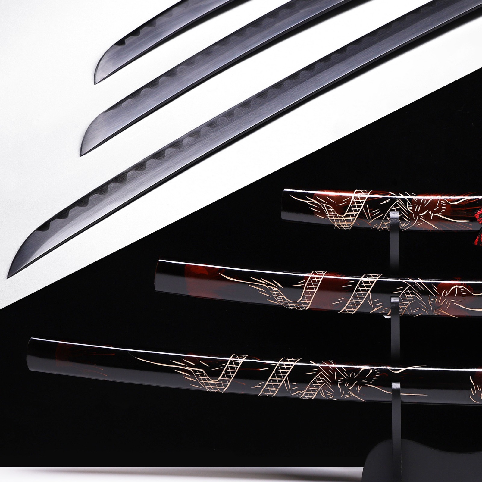 Three Piece Dark Red Samurai Sword Set, 1060 High Carbon Steel Katana Full Tang