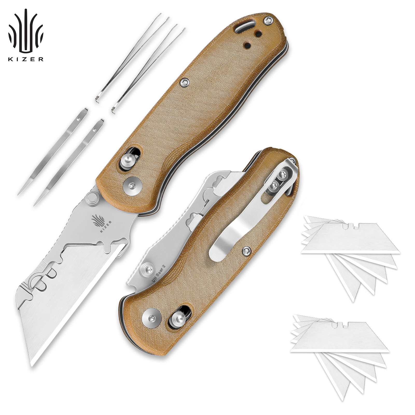 Kizer Uti BEAR 2 Tool Free Utility Folding Pocket Knife Micarta Handle V3619JA7