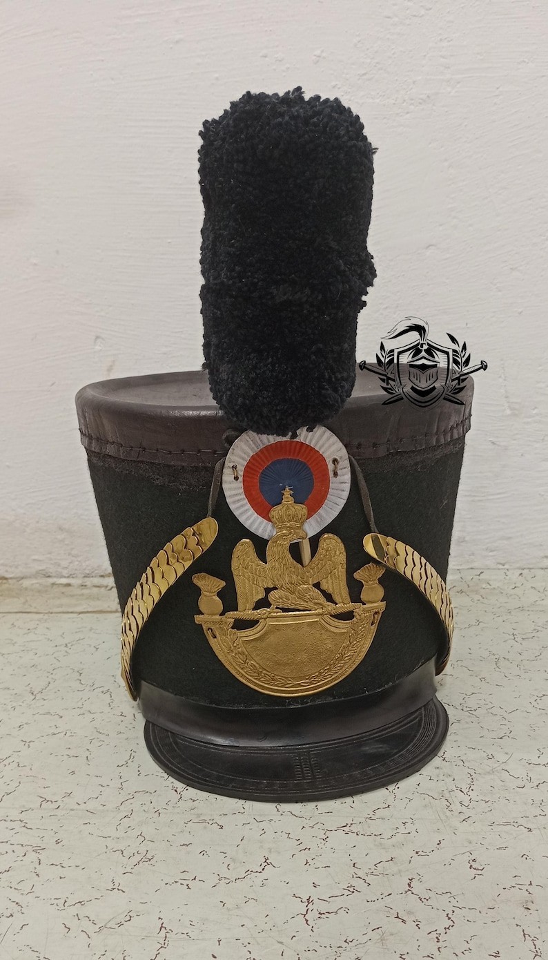 Napoleonic French, Shako Helmet Leather Grenadier Tschako Style with Brass Plate