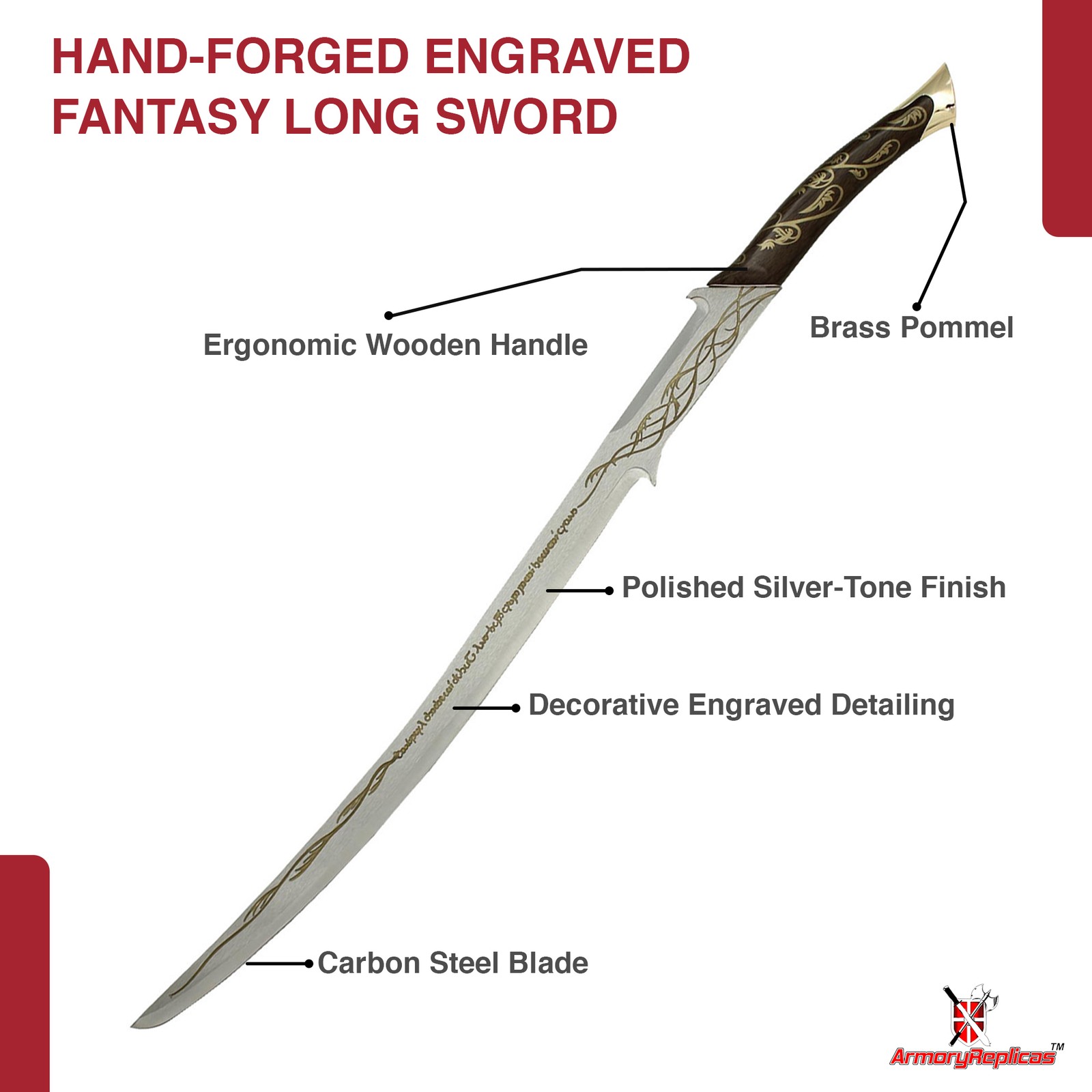 Hand-Forged Fantasy Long Sword: Engraved Carbon Steel Blade Decorative Scabbard