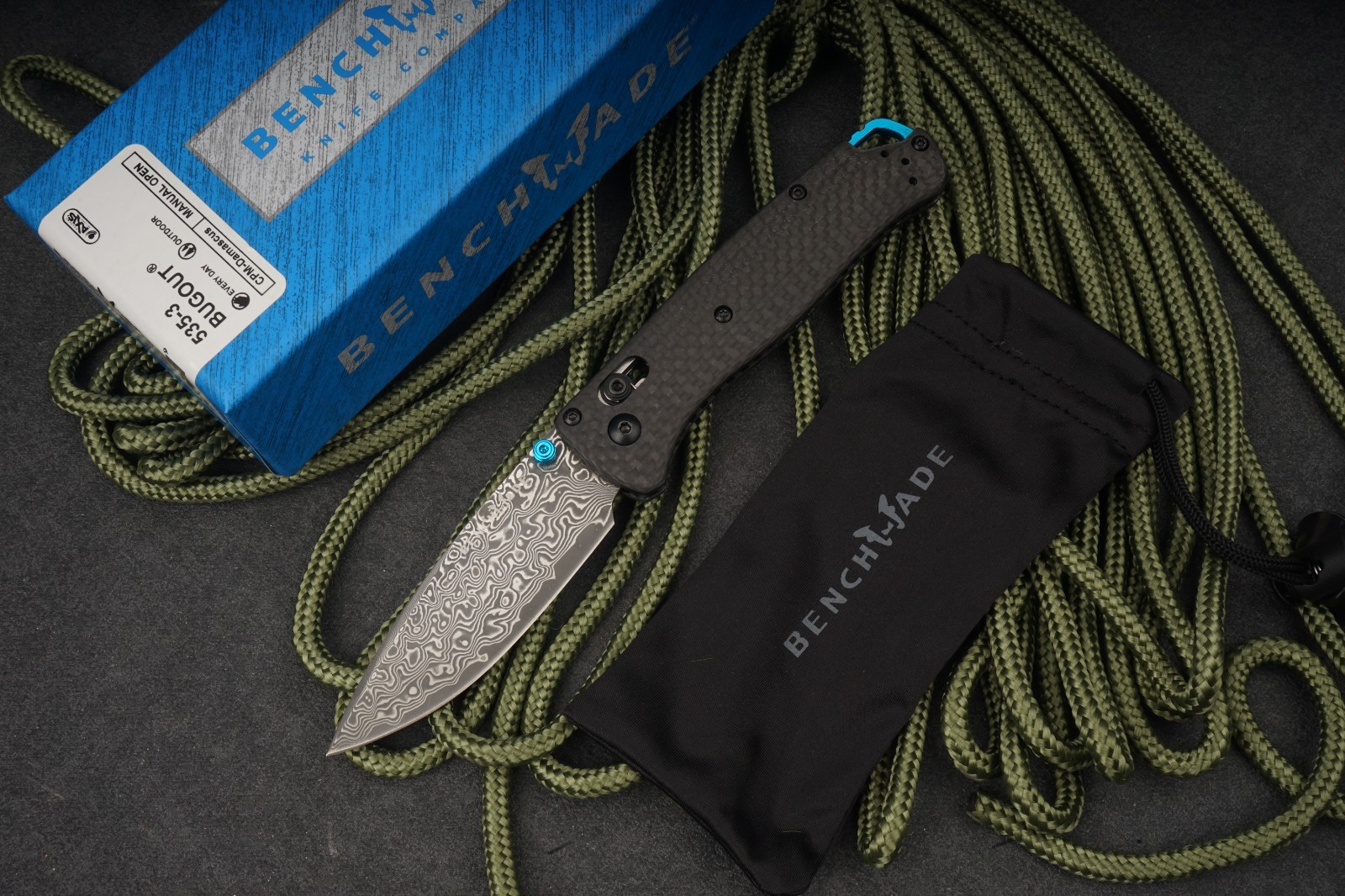 Benchmade 535 Bugout Damascus Blade Carbon Fiber AXIS Lock EDC Knife div style