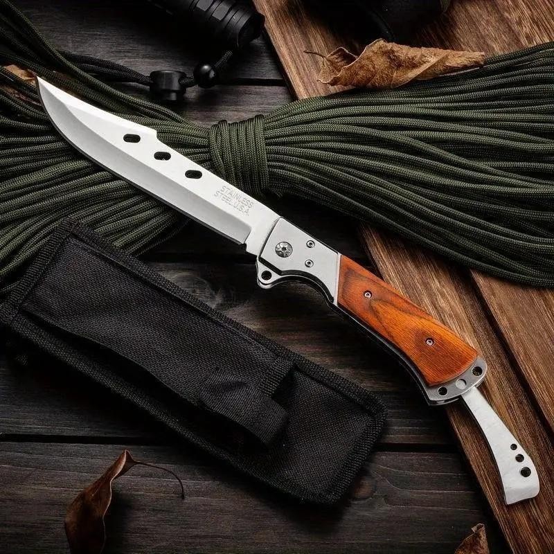 Large Folding Knife Wood Handle High Hardness Portable Outdoor Camping Utility