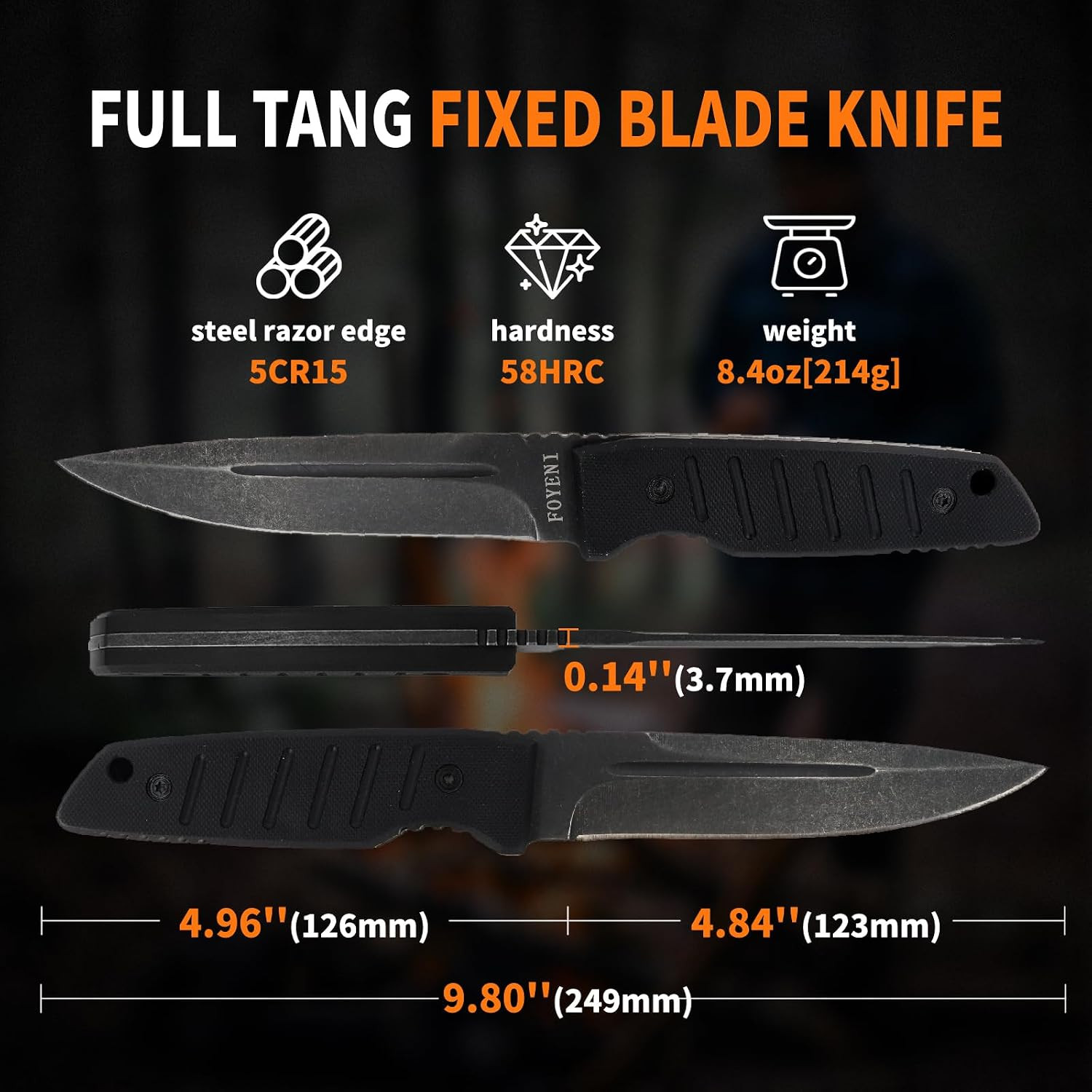 Hunting Knife with Sheath,9.8-Inch Full Tang Fixed Blade Tactical Knife with G10