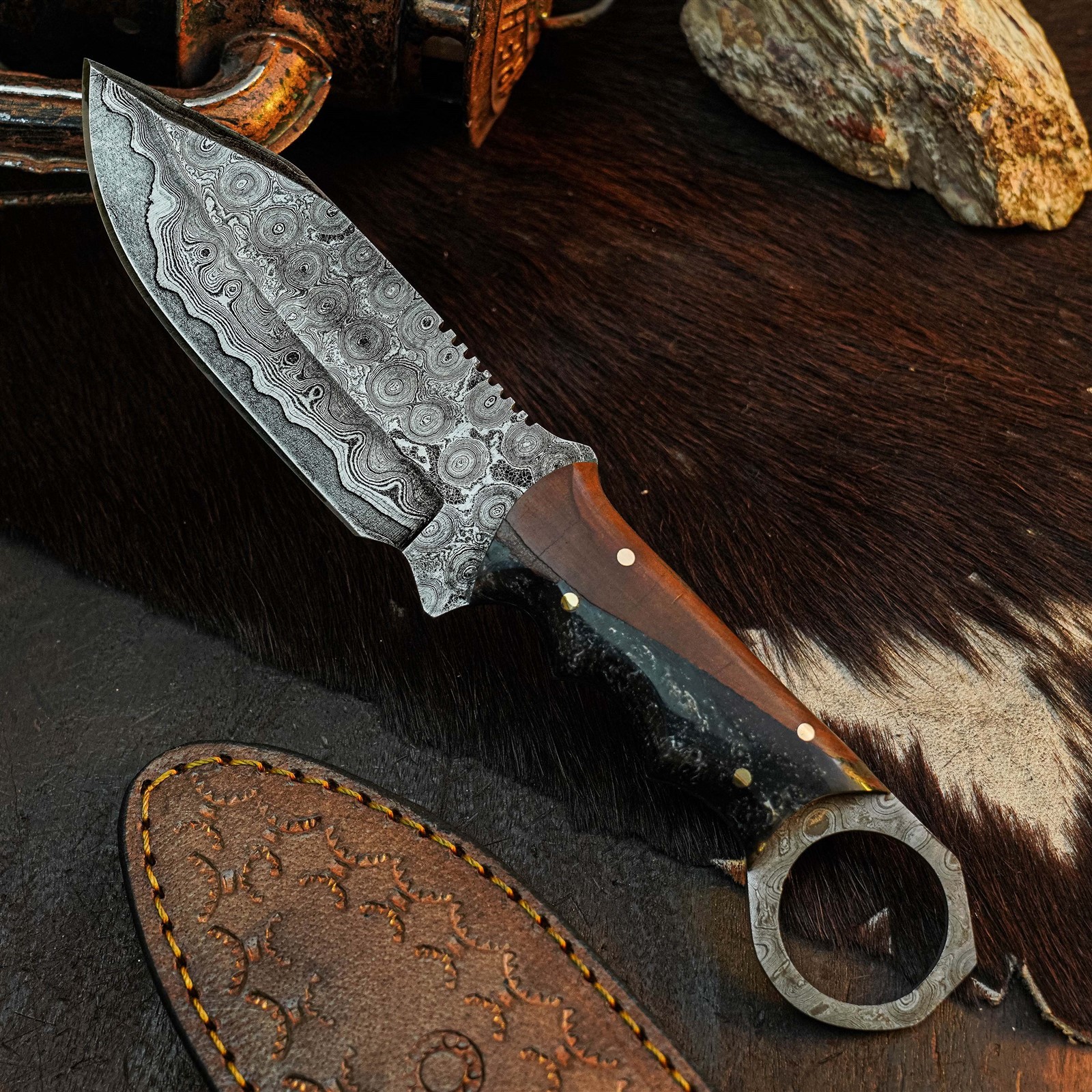 8.0″ Damascus Hunting Knife Full Tang Wood Handle Fix Blade + Sheath