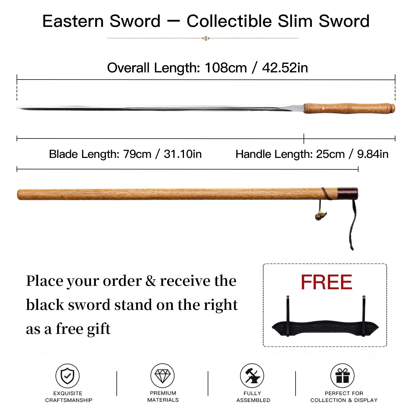 Collectible Chinese Wenwan Slim Sword Manganese Steel Blade Wenge Wood Scabbard