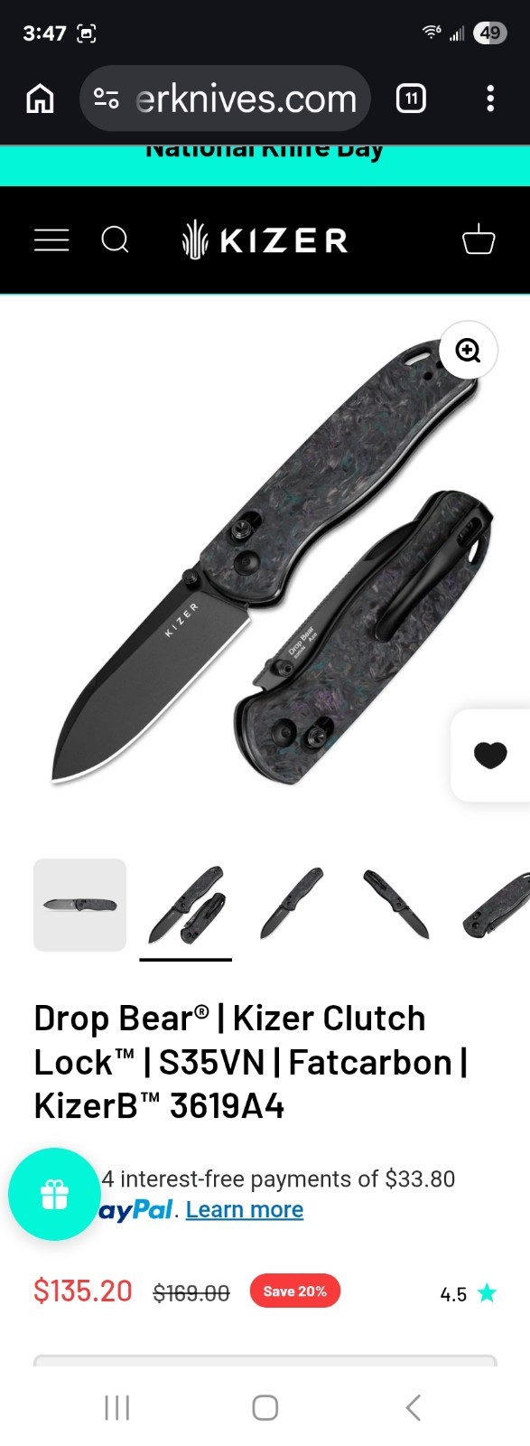 Kizer Drop Bear Pocketknife S35VN Drop Point Plain Clutch Lock Fatcarbon