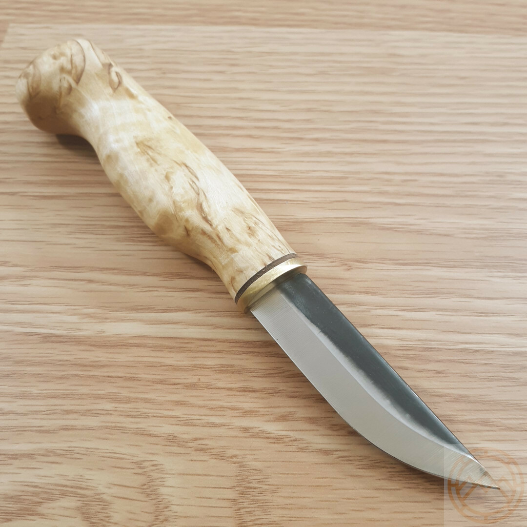 Wood Jewel Knife 3″ Carbon Steel Blade Curly Birch Handle w/Brown Leather Sheath