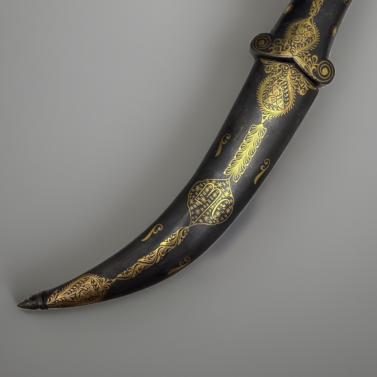 India Persian Khanjar Dagger Damascus Blade Gold Inlay Tiger Handle w Sheath