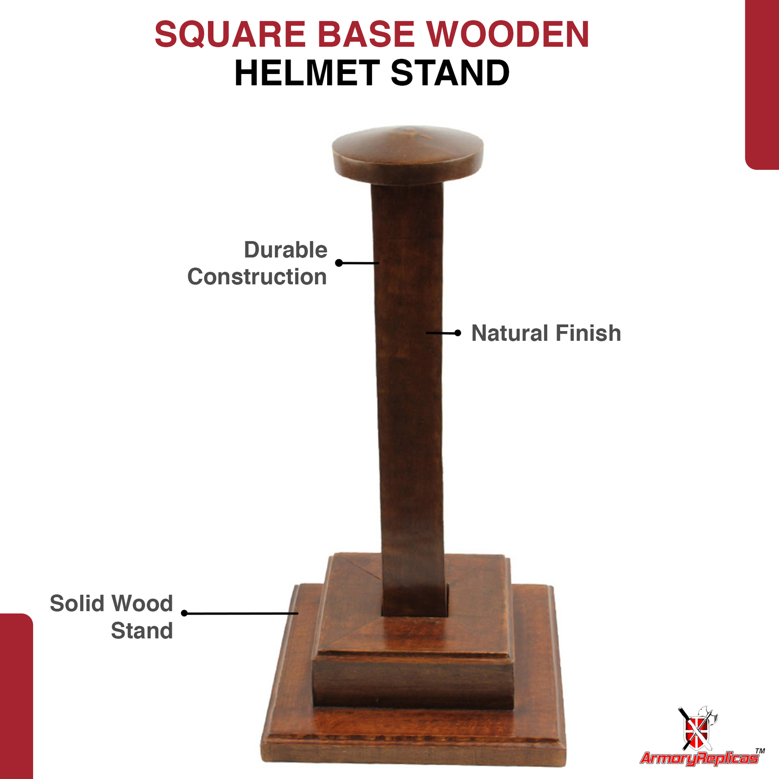 MANGO WOOD HELMET ARMOR STAND | HANDCRAFTED SQUARE BASE POLISHED WOOD DISPLAY