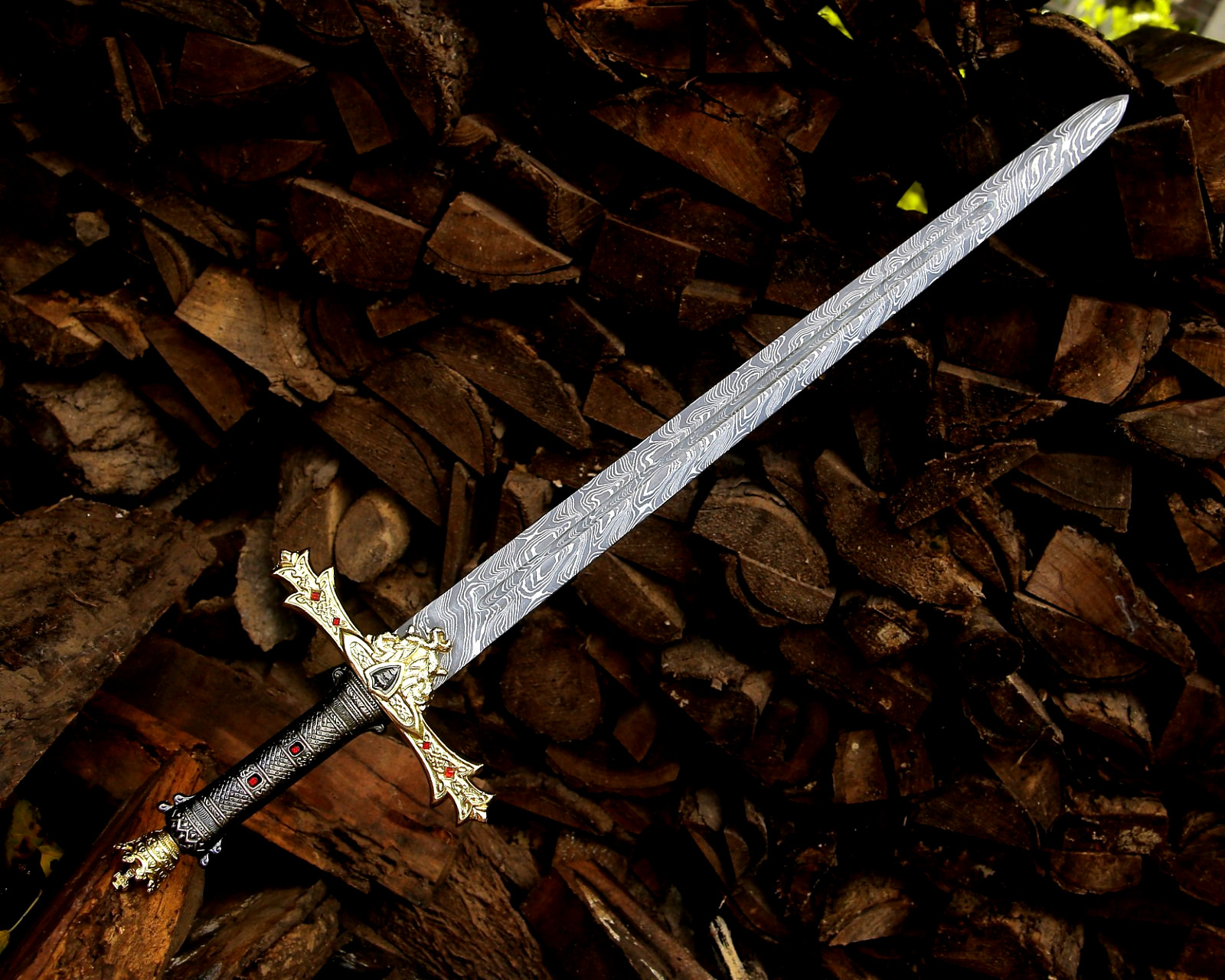Custom Made Damascus Steel Fantasy Longsword Gold Guard Collectible Gift W Pouch