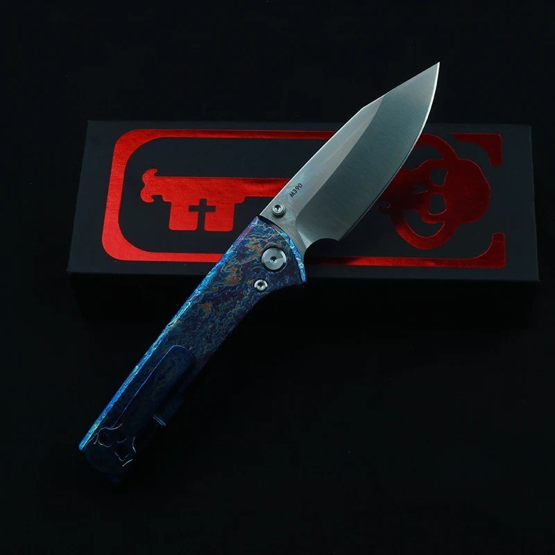 New TC4 Titanium Custom Anodized Blue Flame Pattern Handle Folding Pocket Knife