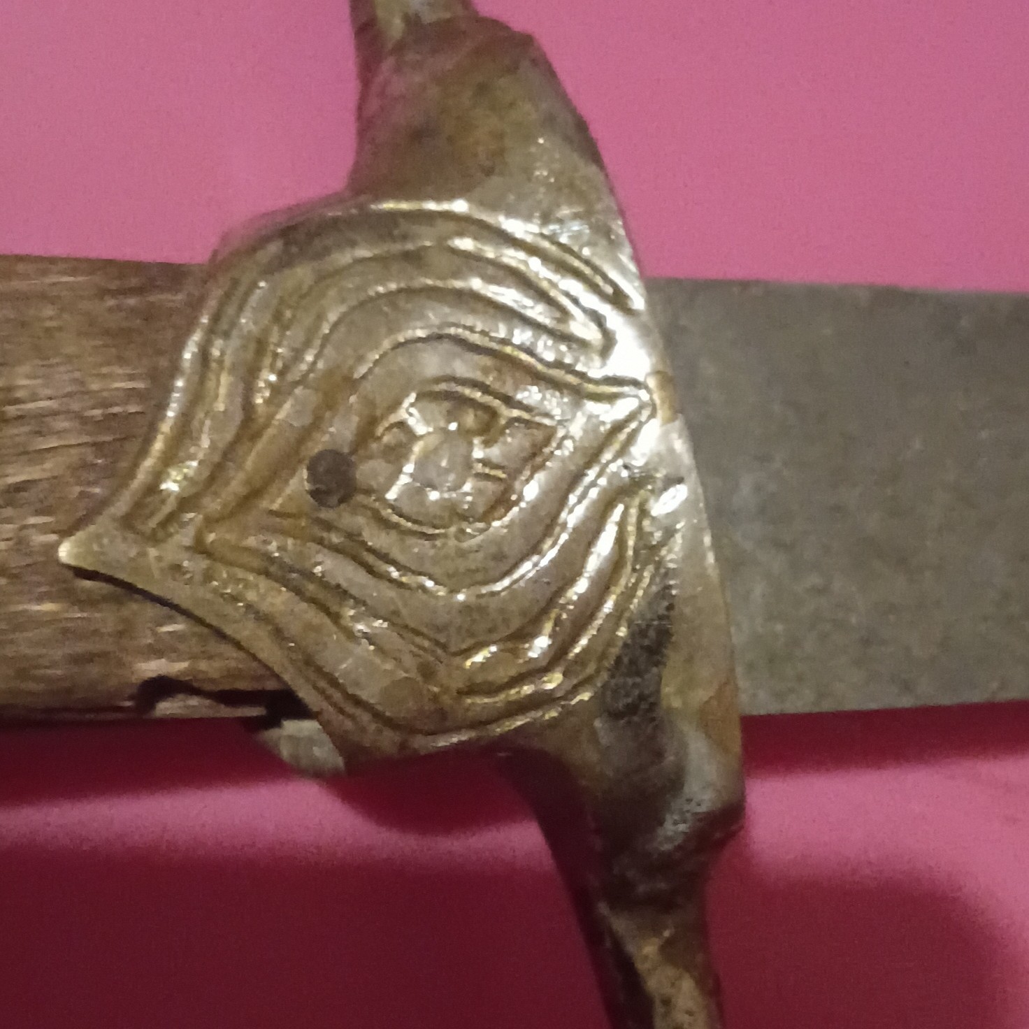 Vintage Decorative Sword Curved Guard Wood Handle Etched Steel Blade