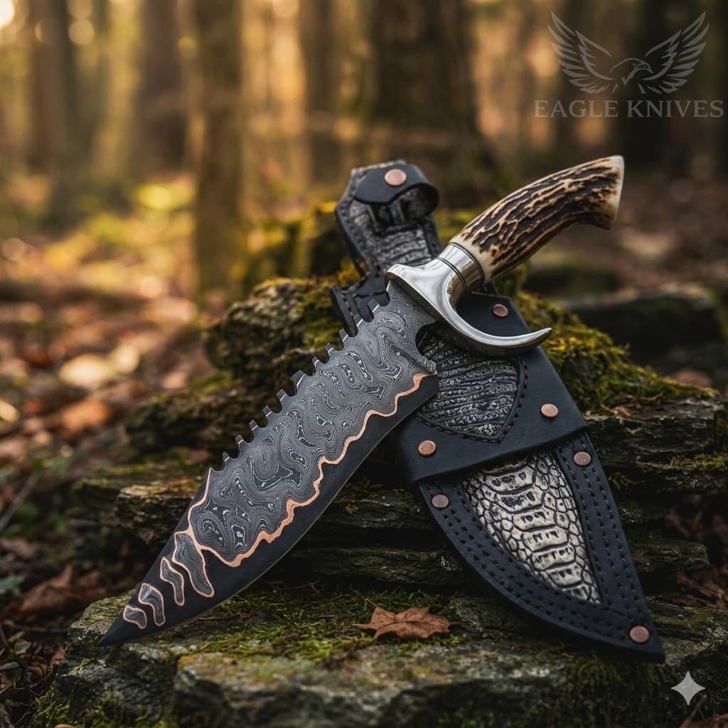 Custom Handmade Damascus Steel Copper Pattern Blade Hunting Stag Knife W/Sheath