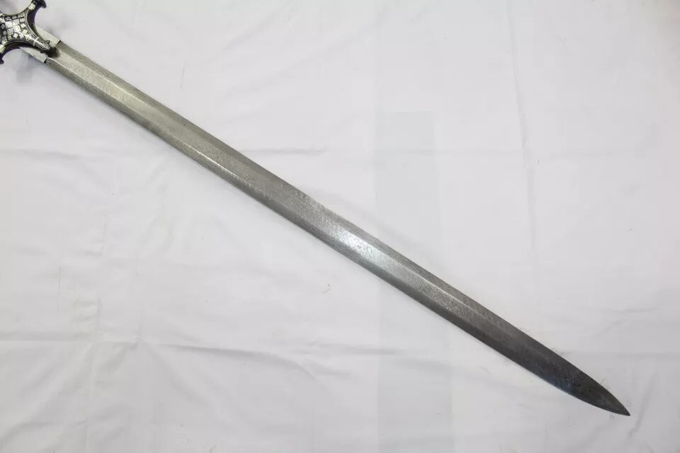 Straight sword religious sikh damascus steel blade silver wire work handle W706