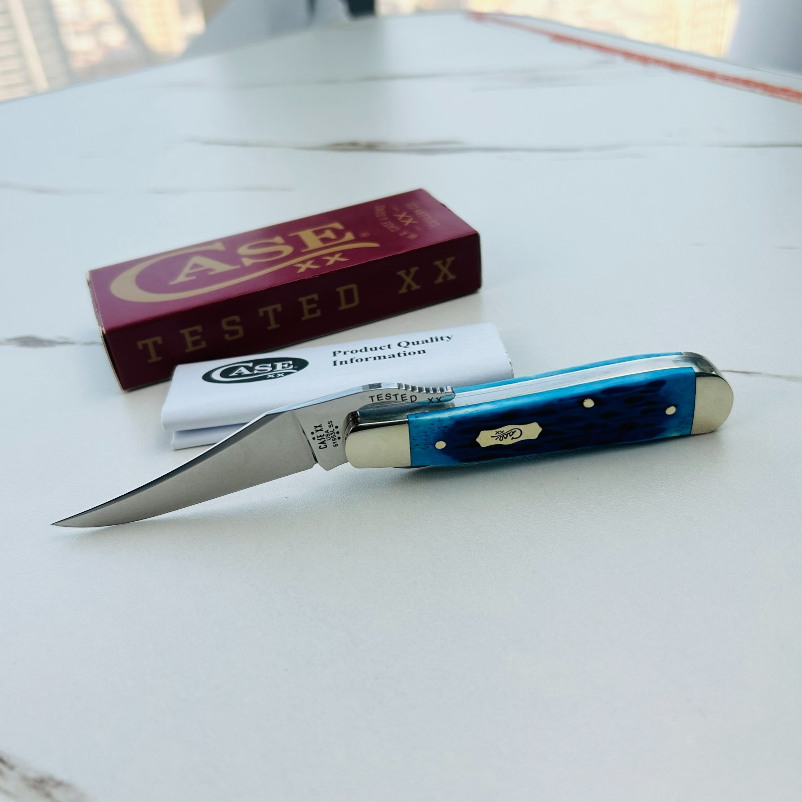 Case XX Knife 51859 Pocket Worn Mediterranean Blue Bone Russlock Pocket Knife