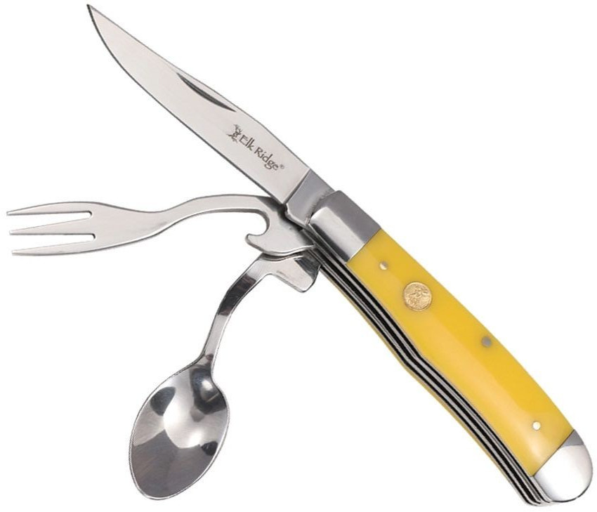 Elk Ridge Yellow HOBO Folding Knife Fork Spoon Utensil Boy Scouts Camping Tool
