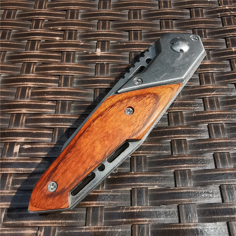 Assisted Folding Knives Wood Steel Handle 8cr15 Blade Hunting Tactical Knife Edc
