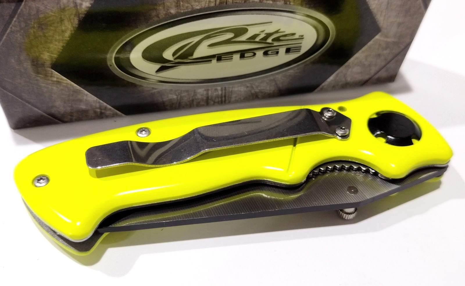 RITE-EDGE Hollow Neon Yellow Drop Point Blade Easy Open EDC Folding Pocket Knife