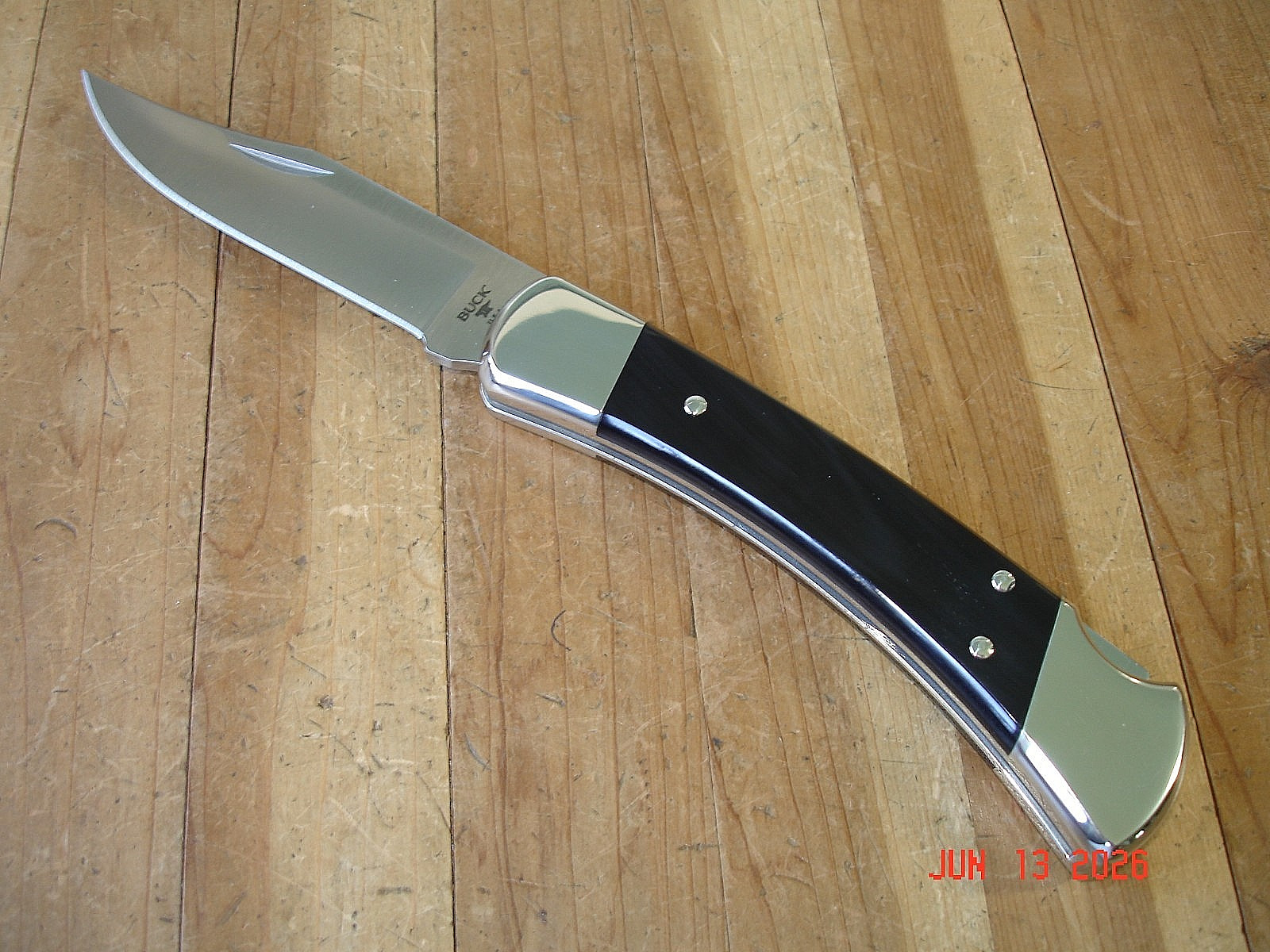 NIB BUCK KNIFE 110 HUNTER BOS MAGNACUT BLADE BLACK BUFFALO HANDLE NICKEL SILVER