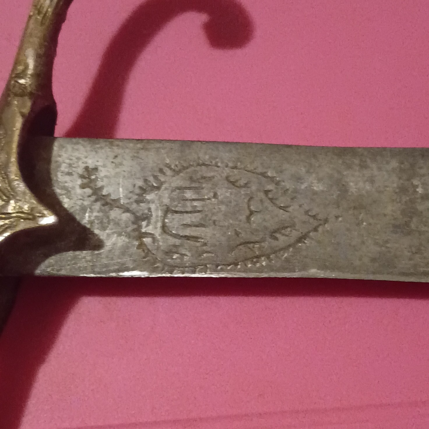 Vintage Decorative Sword Curved Guard Wood Handle Etched Steel Blade