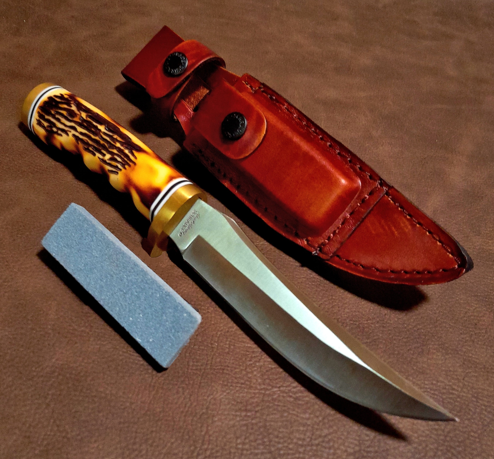 9 1/2″ Schrade Uncle Henry Golden Spike Knife w/Sheath, Stone & Staglon Handle