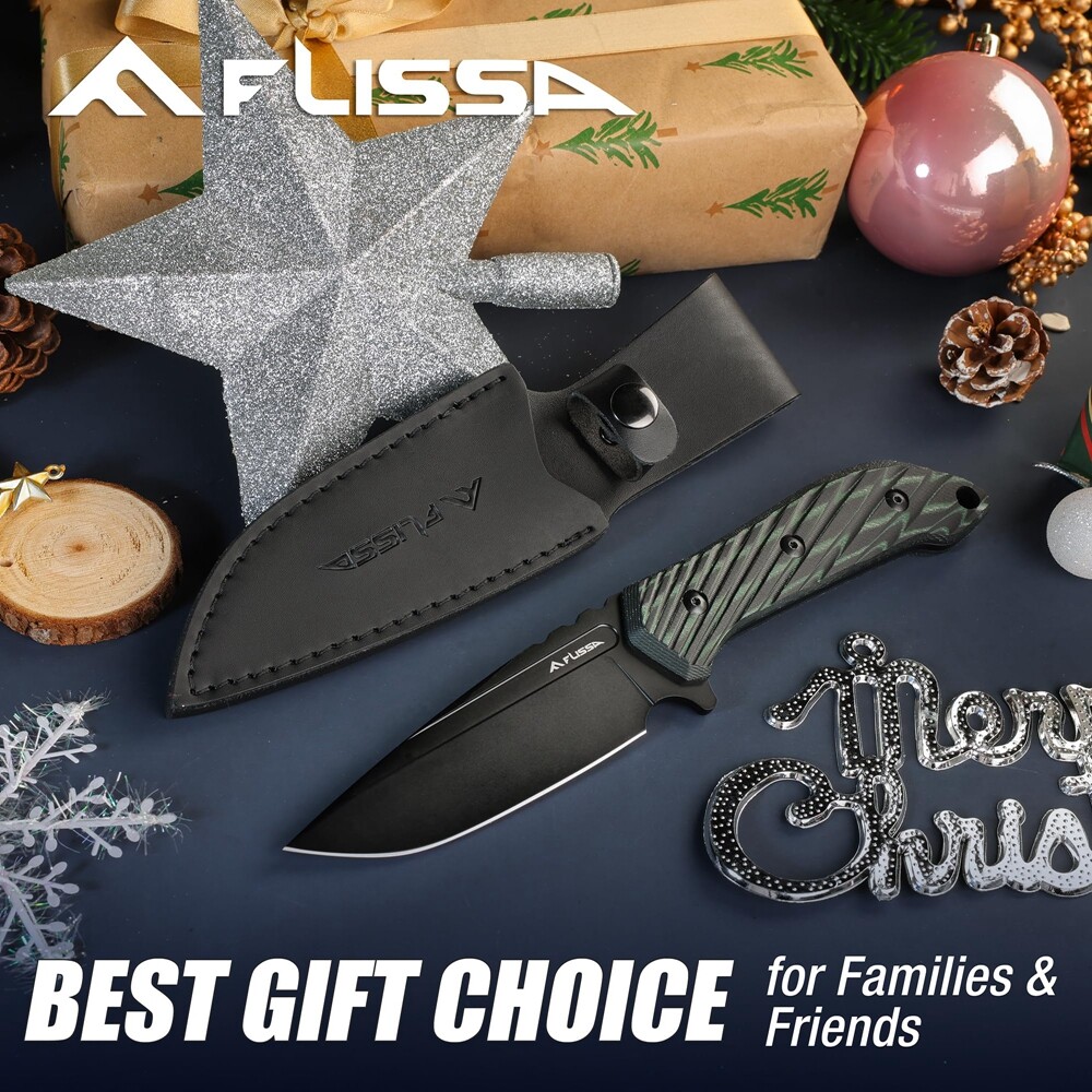 FLISSA 10″ Full Tang Hunting Knife withLeather Sheath Fixed Blade D2 Steel Knife