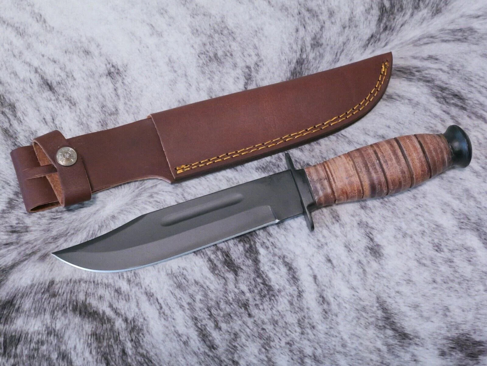12″ Kbar Style Survival Combat Knife Military Marines Black Blade Leather Handle