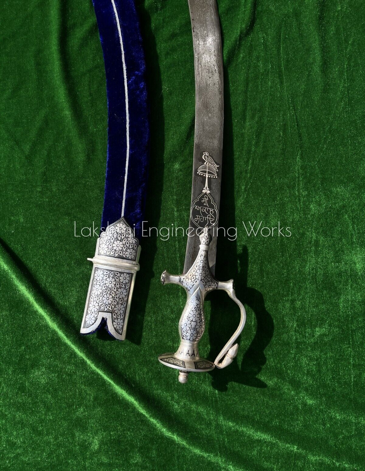 Sikh Goliya Sword Damascus Steel Blade Silver Koftgiri Velvet Scabbard I Buy Now