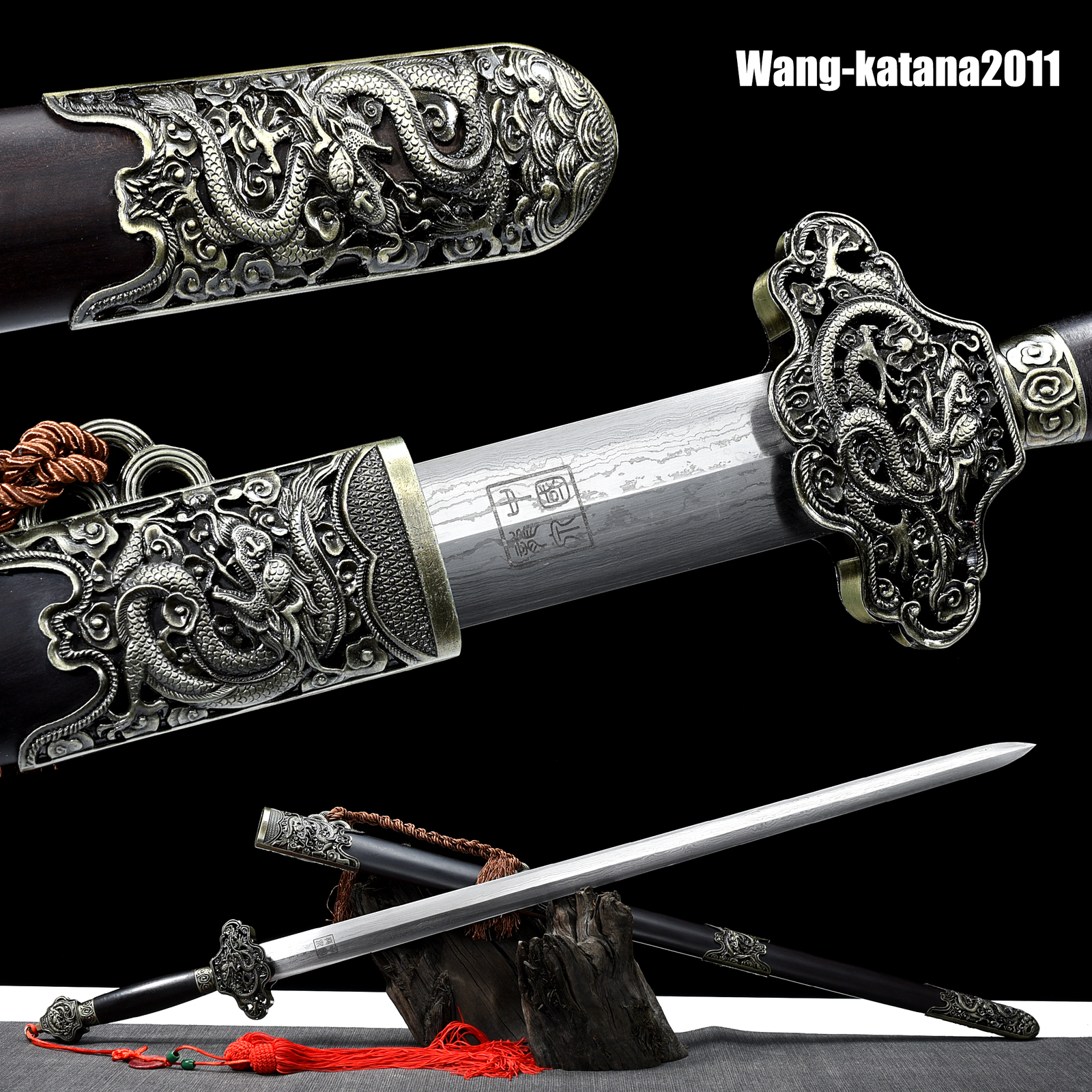 40» Flying Dragon Damascus Folded Steel Ebony Chinese Sword Handmade Qing Jian
