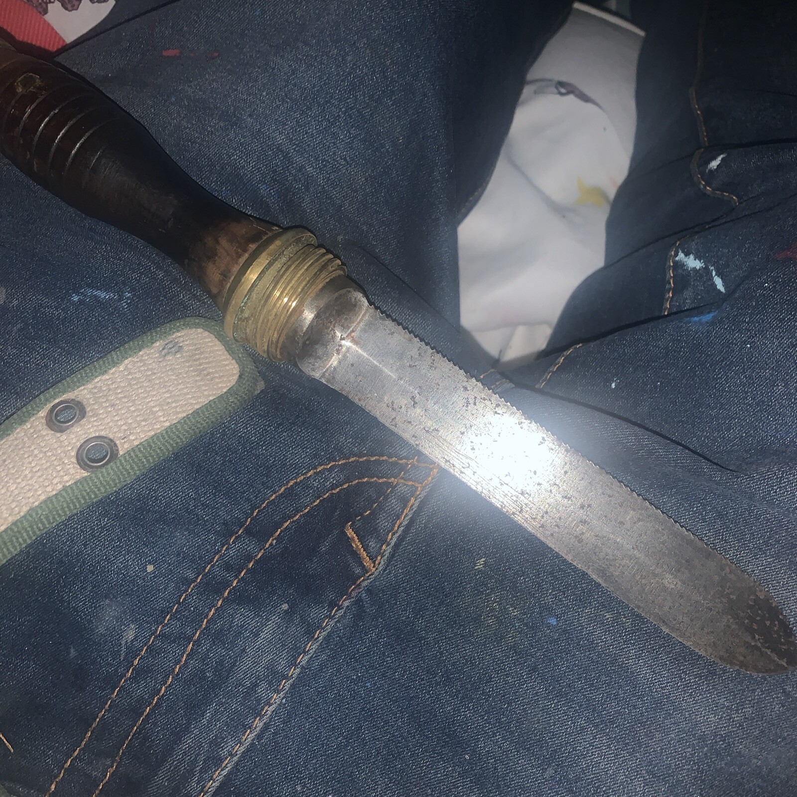 Morse Navy Divers Knife with Brass Sheath, Wooden Handle and Leather Strap 