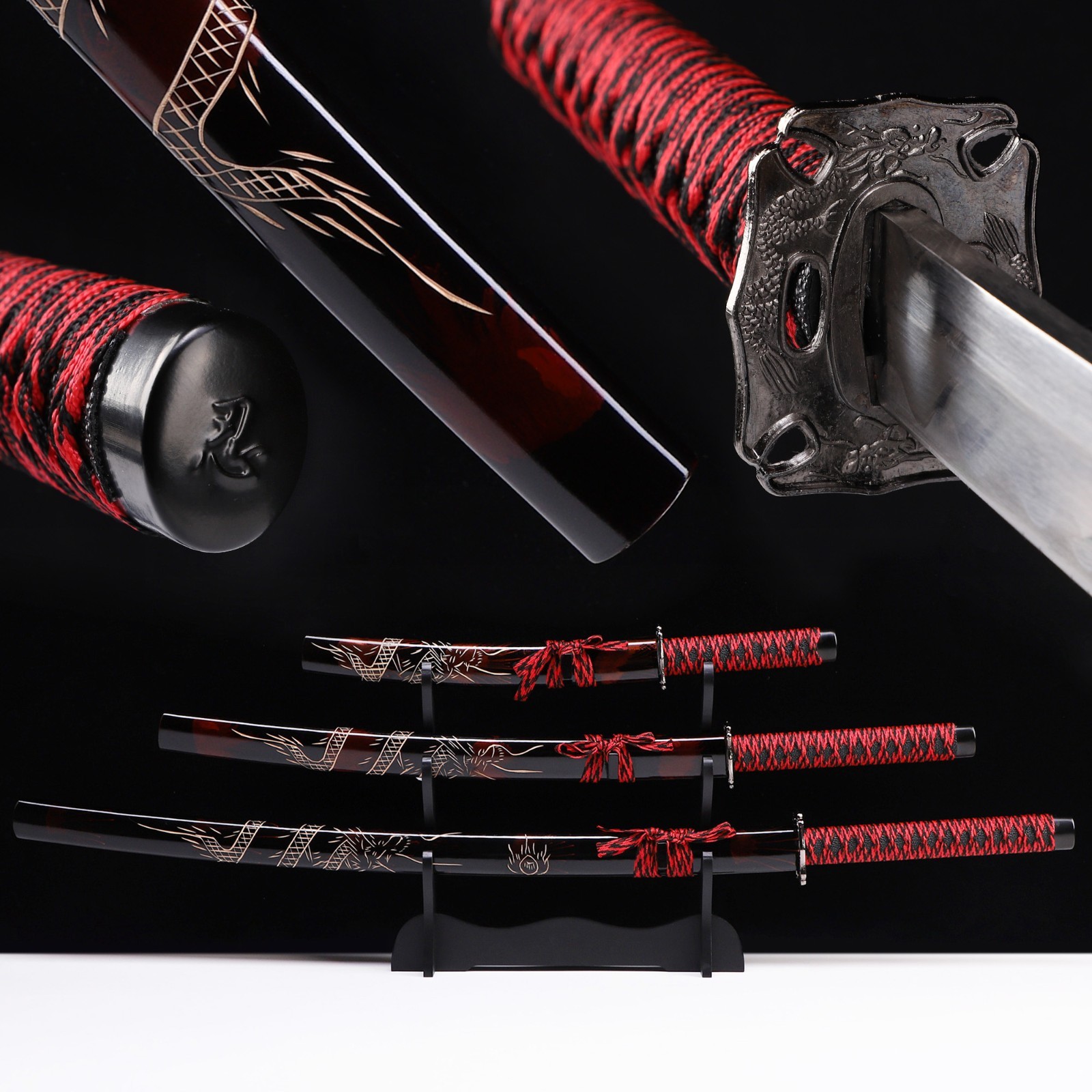 Three Piece Dark Red Samurai Sword Set, 1060 High Carbon Steel Katana Full Tang