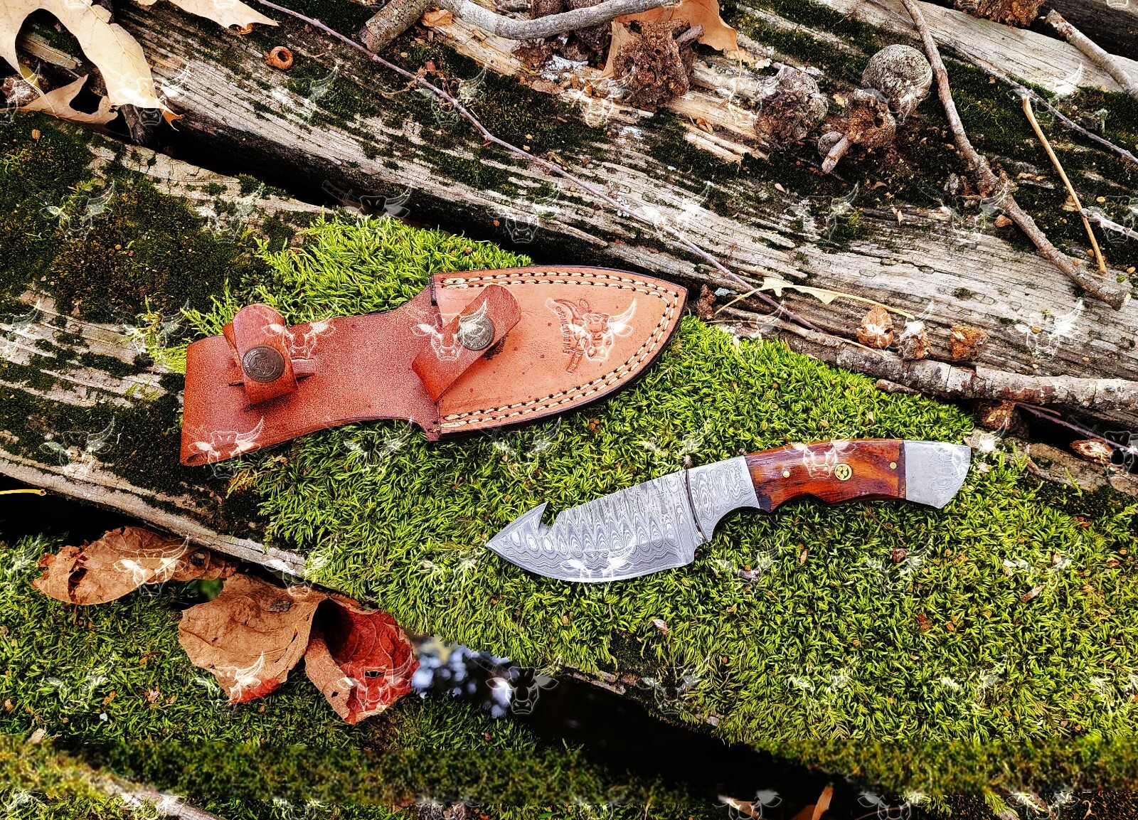 hand carved Damascus Steel Bowie Hunting Knife Rose Wood Handle W/ Sheath gift