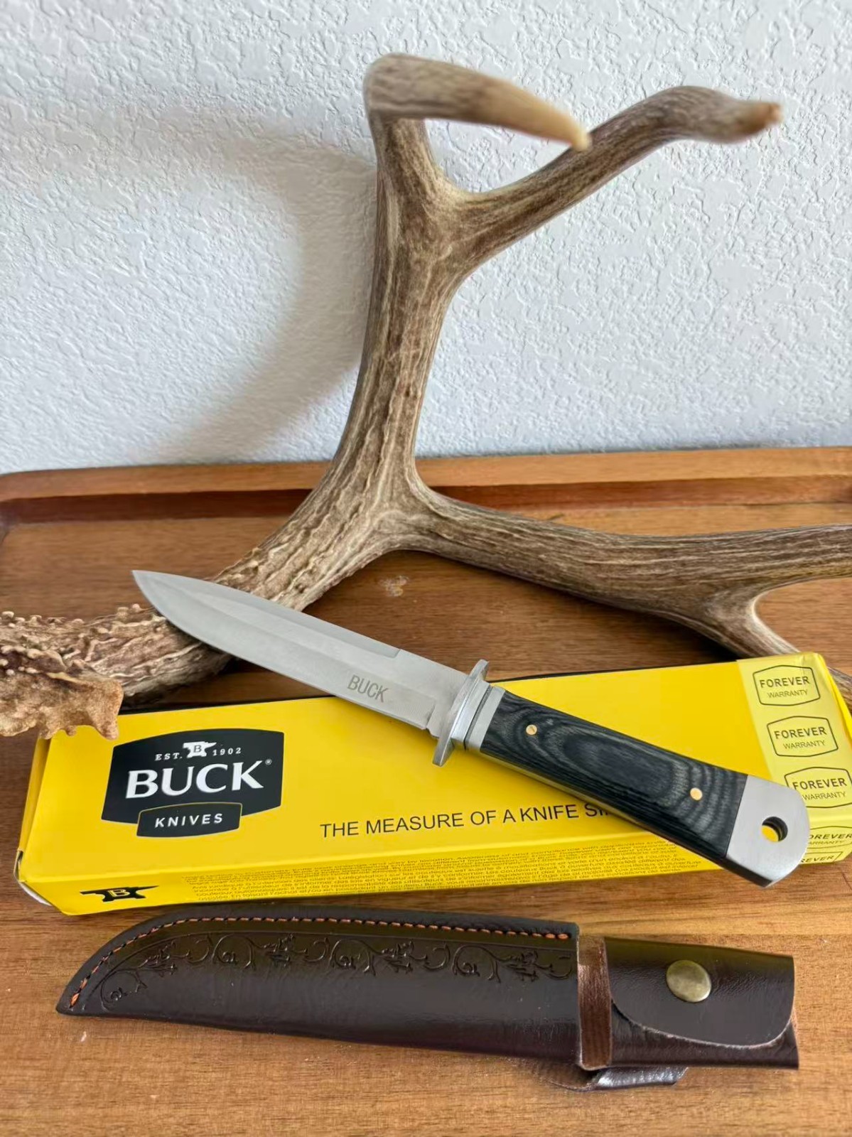 Buck Fixed Blade Hunting Knife Black Wood Handle Leather Sheath New Box