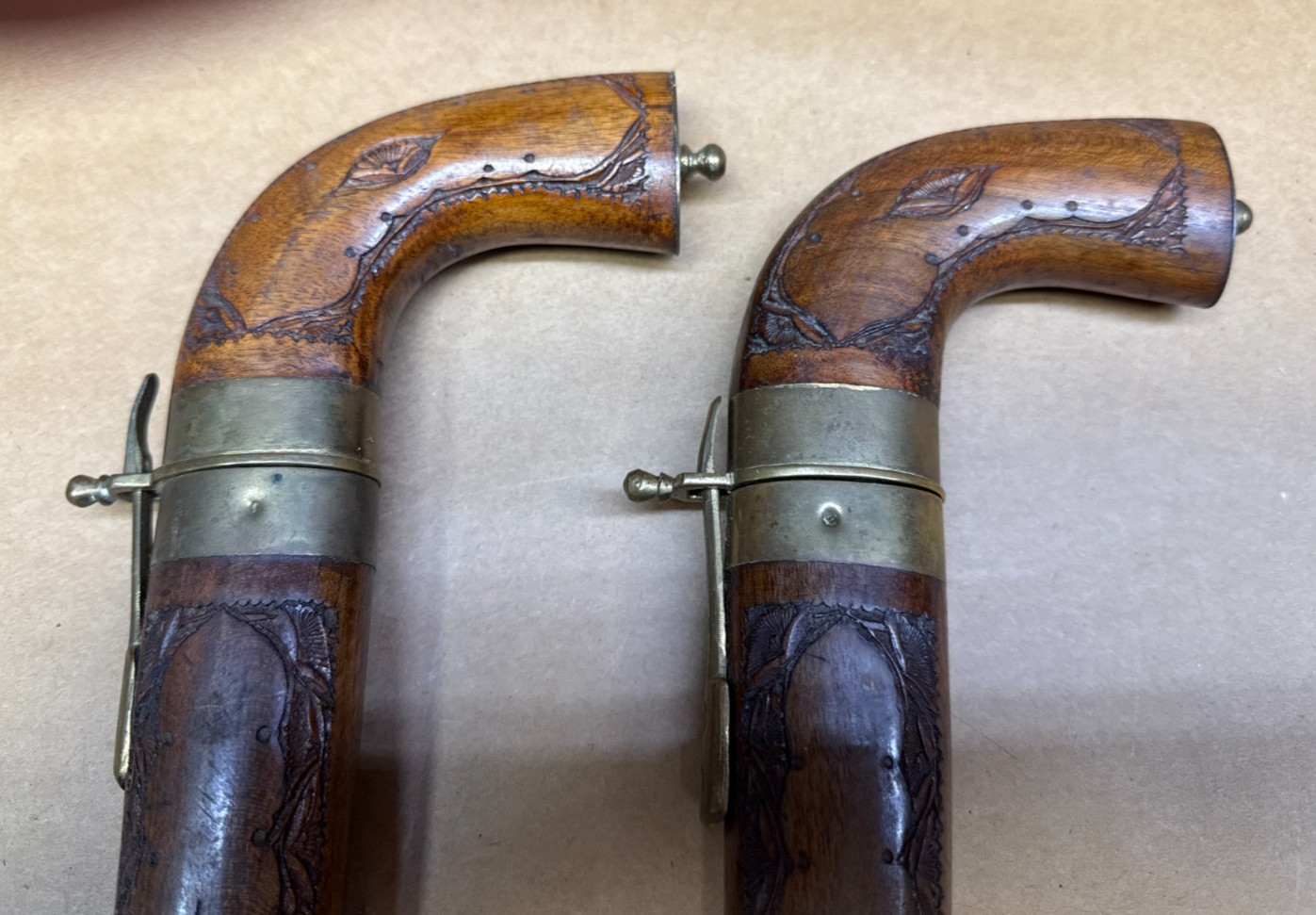 VERY RARE Knife Pair Carved Handles Matched Carved Wood Sheaths Brass Trim-INDIA