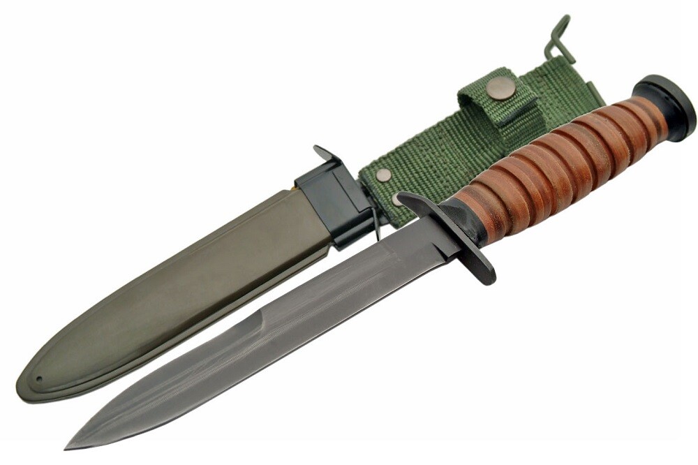 WWII Trench Fighting KA Knife Reproduction w/ Sheath & Belt Bar, Leather Handle