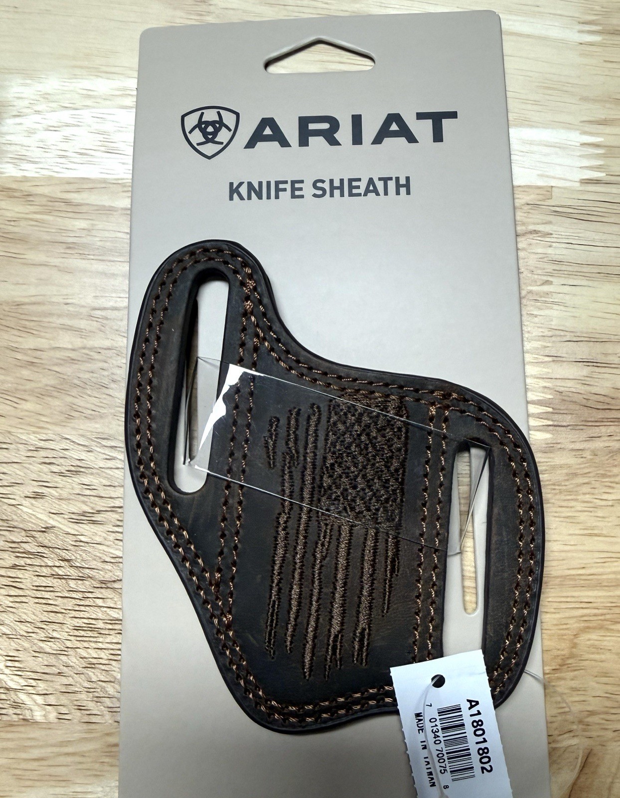 Ariat Brown Leather Belt Loop Knife Sheath Full Coverage Classic Design USA flag