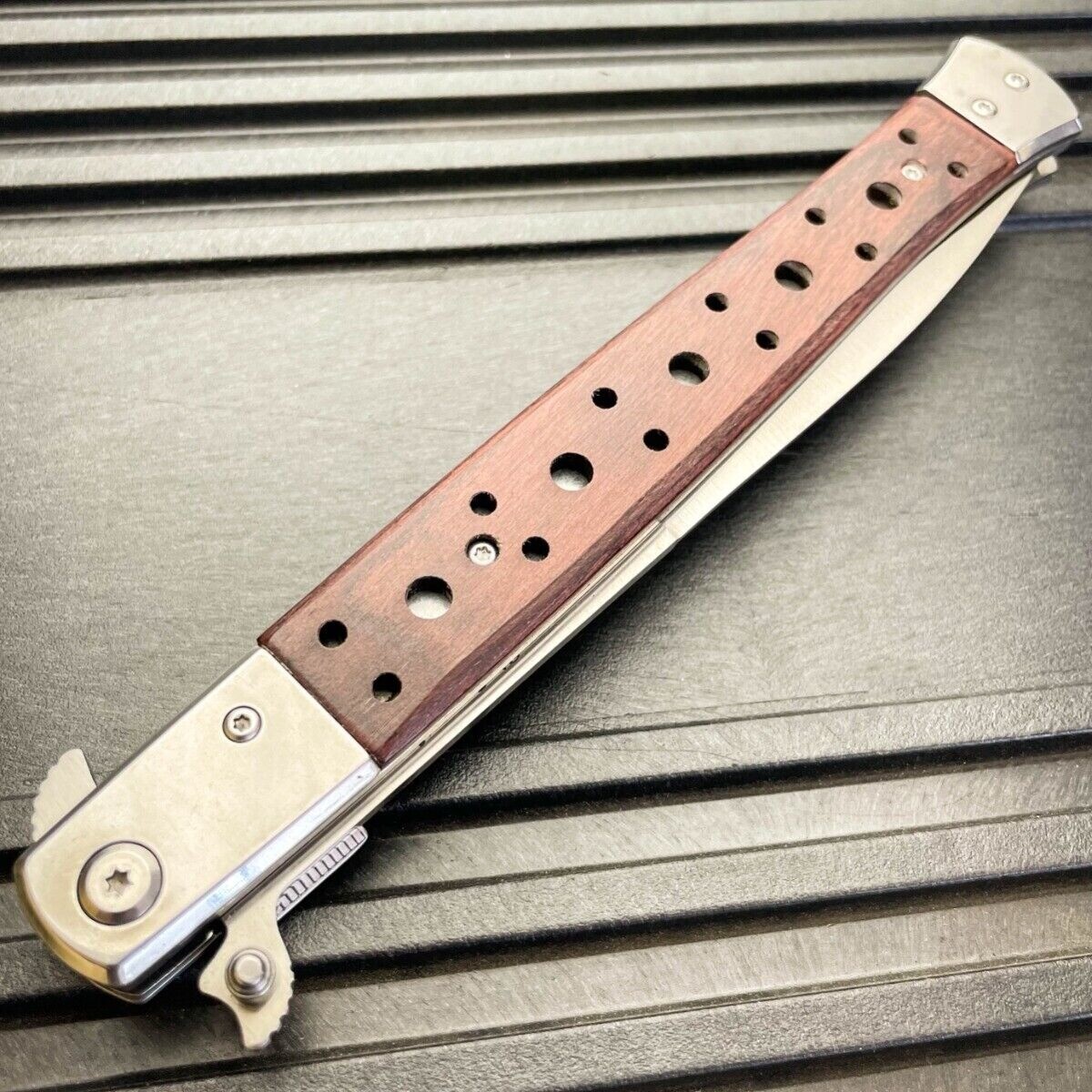 13″ Classic Extra Large Brown Wood Spring Assisted Open STILETTO Pocket Knife
