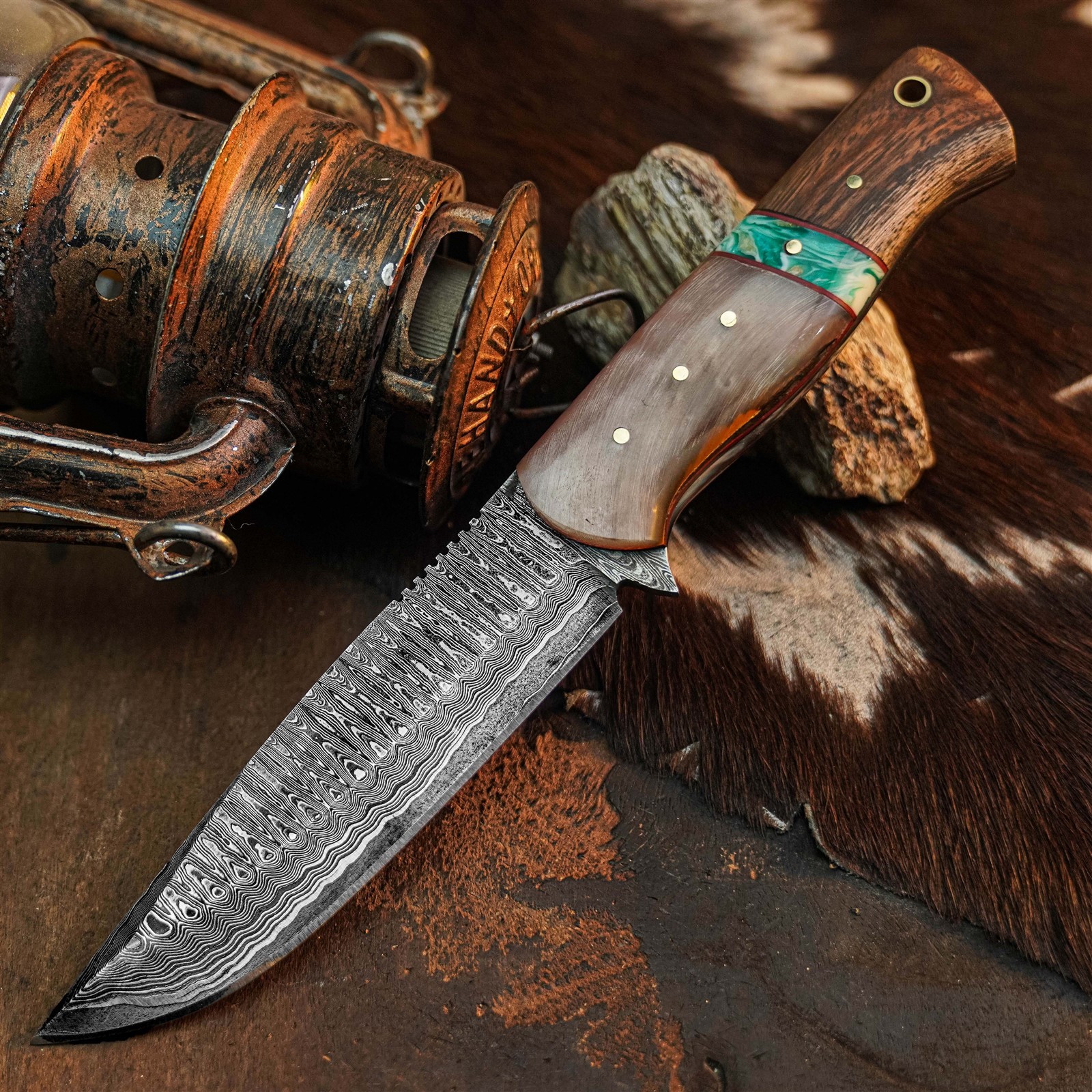 9.4″ Damascus Camping EDC Knife Full Tang Horn Handle Fix Blade + Sheath