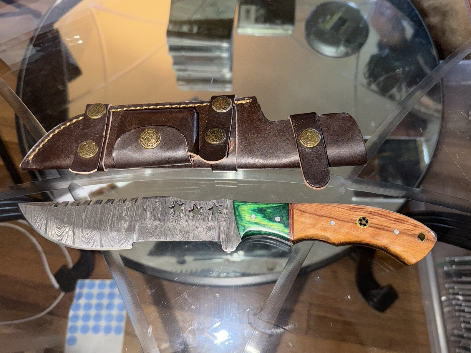 Louis Martin Knives Damascus Fixed Blade Hunting Knife 4.1-5in Wood Sheath