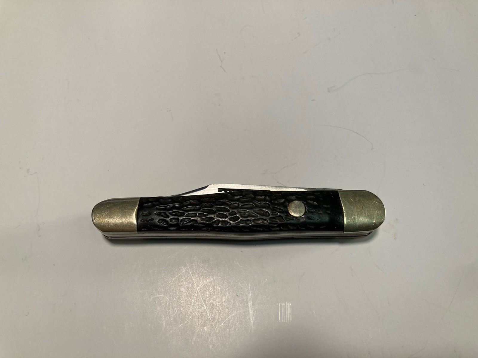 Vintage Three Blade Pocket Knife With Black Wood Grain Plastic Handle