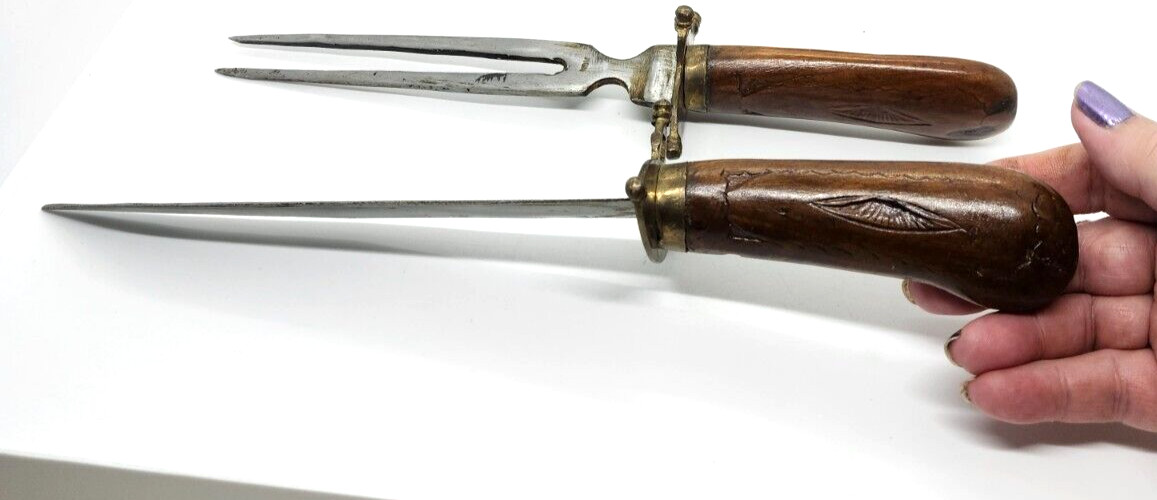Decorative Knife Carving Set In Wooden Hand Carved & Brass Casing VTG India