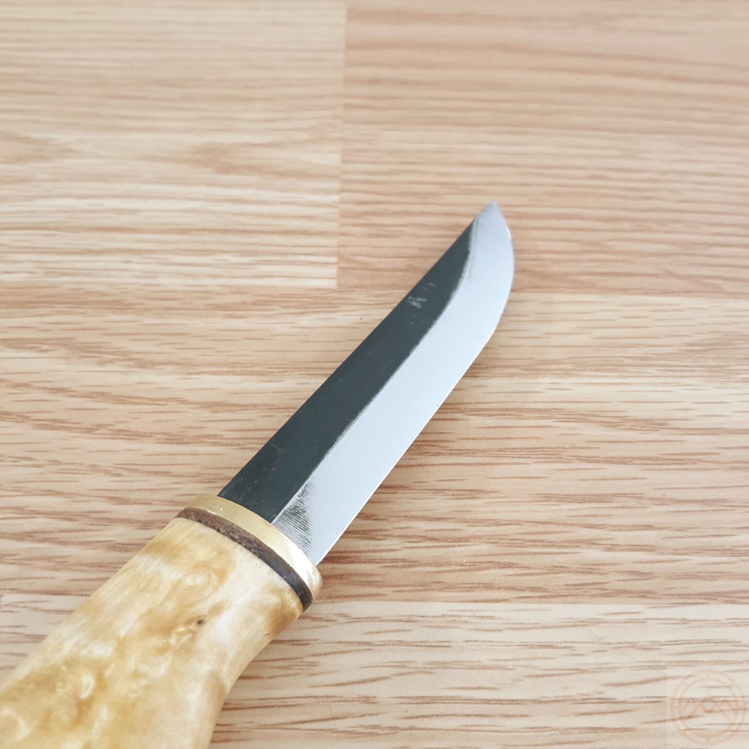 Wood Jewel Set Fixed Knife Carbon Steel Blade Curly Birch Handle w/Brown Sheath