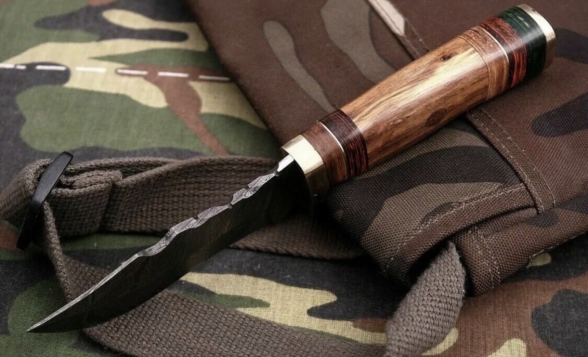 Custom Handmade Damascus Steel Bowie Hunting Knife Wood Handle Leather Sheath